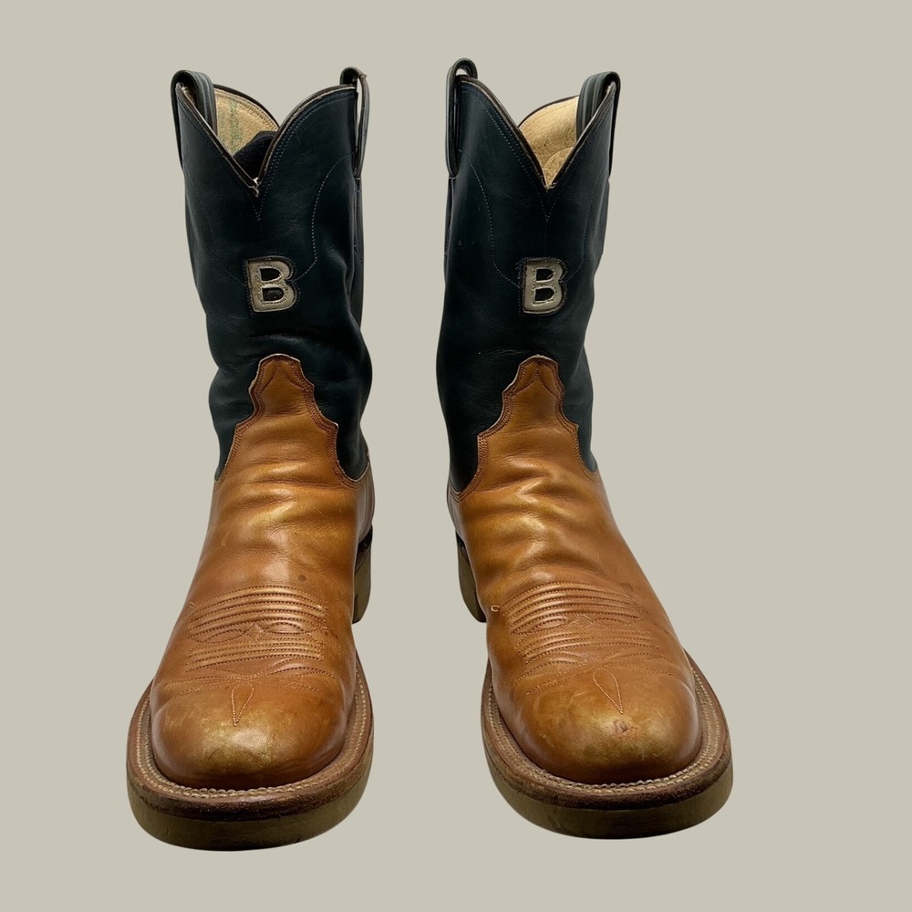 Vintage Justin Mens Two Tone Leather Roper Western Boots Black Tan Initial B